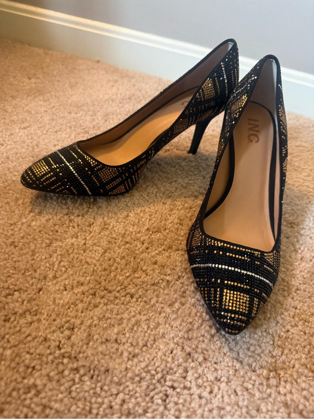 INC International Concepts Women’s 9 Black and Gold Rhinestone Pointed-Toe Heels - Picture 4 of 7